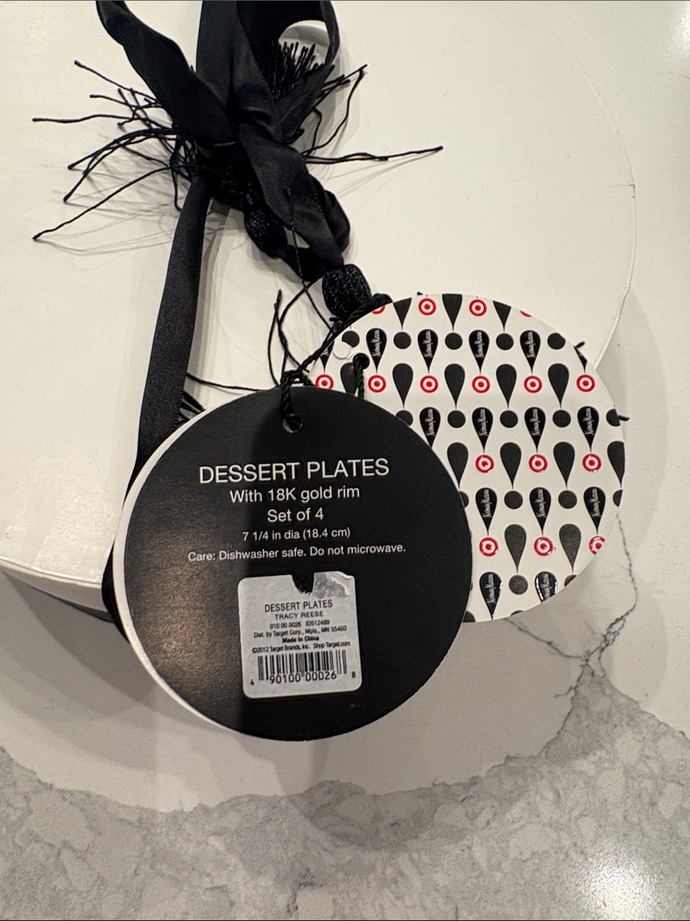 Tracy Reese Black, White and Red Patterned Dessert Plates with Gold Rim